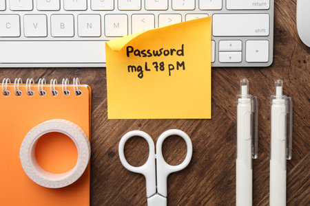 Sticky note with password, keyboard and stationery on wooden desk, flat lay
