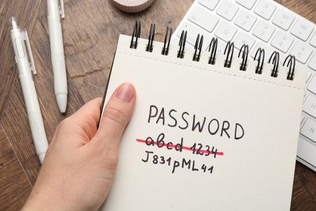 Woman holding notebook with old and new passwords at wooden desk, closeup