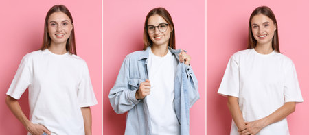 Young woman in white t-shirt on pink background, collage of portraitsの写真素材