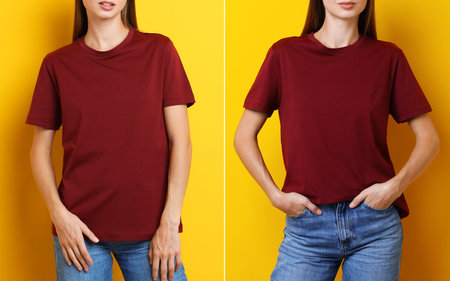 Young woman in dark red t-shirt on orange background, closeup. Collageの写真素材