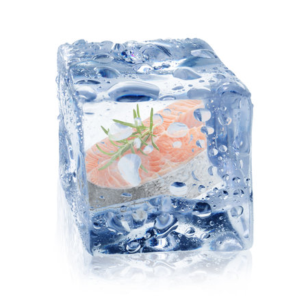 Fresh raw salmon steak in ice cube on white backgroundの写真素材