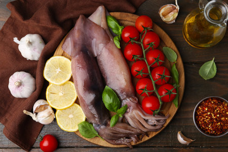 Raw squids, tomatoes, spices and basil on wooden table, flat lay