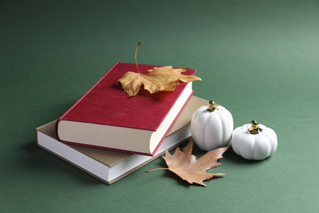 Books, dry leaves and pumpkins on green backgroundの写真素材