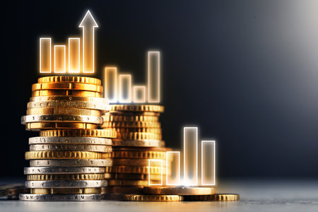 Wealth concept. Stacked coins and graphs with arrow against dark backgroundの写真素材