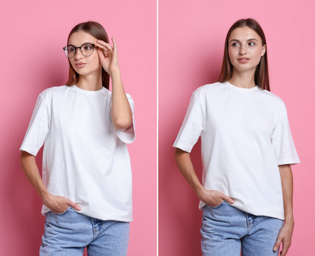 Young woman in white t-shirt on pink background, collage of portraitsの写真素材
