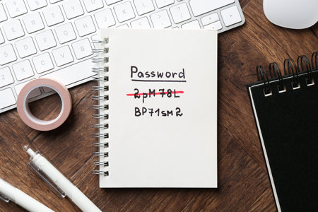 Notebook with old and new passwords, keyboard and stationery on wooden desk, flat lay