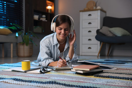 Happy student in headphones preparing for exam on floor at home