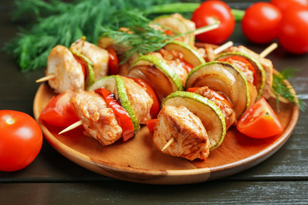 Skewers with grilled chicken and vegetables on wooden table, closeupの写真素材