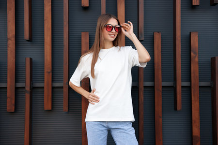 Young woman wearing blank white t-shirt near wall. Mockup for designの写真素材