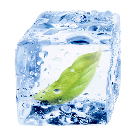 Fresh basil leaf inside ice cube on white backgroundの写真素材