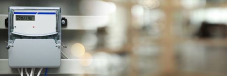 Electricity meter in fuse box on wall indoors. Banner designの写真素材