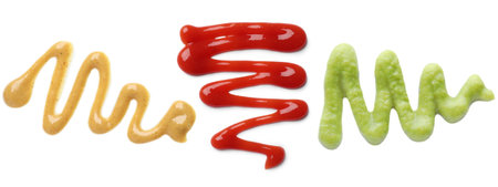 Mustard, ketchup and wasabi isolated on white, set. Top viewの写真素材