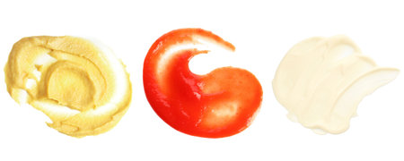 Mustard, ketchup and mayonnaise isolated on white, set. Top viewの写真素材