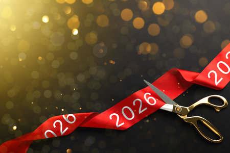 New 2026 Year poster design with scissors, red ribbon and bokeh lightsの写真素材