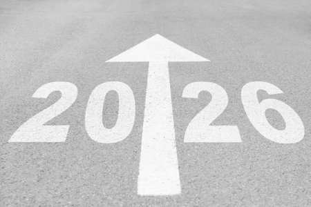 Numbers and arrow drawn on asphalt roadの写真素材