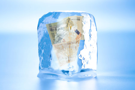 Bills in ice cube on light blue background. Frozen money