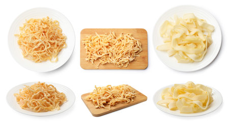Dried squid. Tasty snacks on white background, collage. Top and side view
