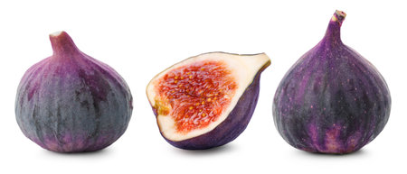 Fresh ripe figs isolated on white. Whole and slicedの写真素材