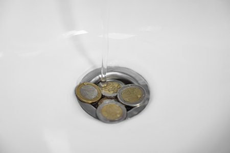 Coins and water going down sink drain, closeupの写真素材