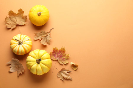 Dry autumn leaves and pumpkins on pale orange background, flat lay. Space for textの写真素材