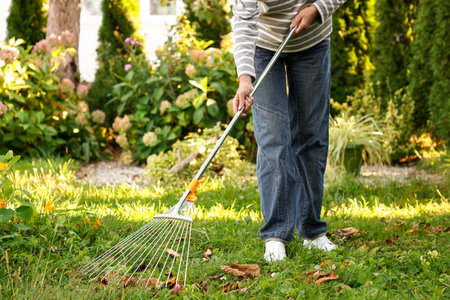 Woman gathering fallen leaves with fan rake on green lawn outdoors, closeup