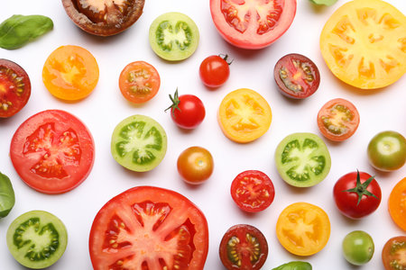 Ripe colorful tomatoes on white background, flat layの写真素材