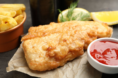 British Traditional Fish and chips served with sauce on gray table, closeupの写真素材