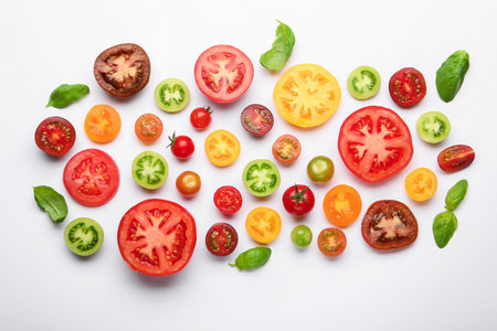 Ripe colorful tomatoes and basil on white background, flat layの写真素材