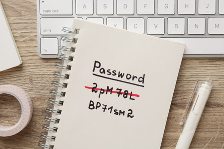 Changing password. Notebook with old and new passwords, keyboard and stationery on wooden table,...