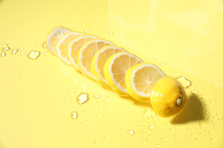 Fresh lemon slices with water drops on yellow background, closeupの写真素材