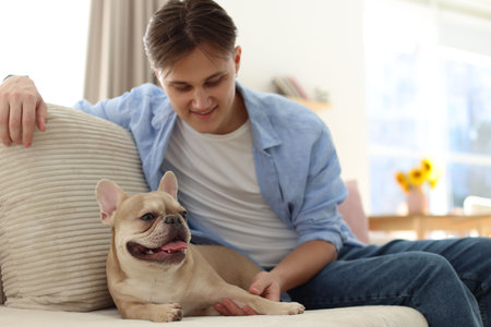 Man with his cute French bulldog on sofa at homeの写真素材