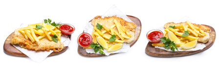 Fish and chips with lemon and sauce isolated on white, collage. Top and side viewの写真素材