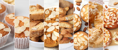 Different tasty pastry with almond, collage. Muffins, cookies and bunsの写真素材