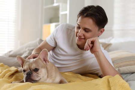 Man with his cute French bulldog on bed at homeの写真素材