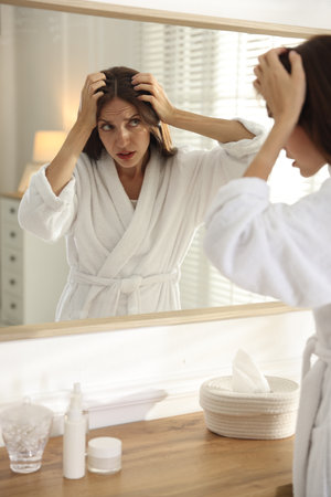 Woman with hair loss problem looking i mirror at homeの写真素材