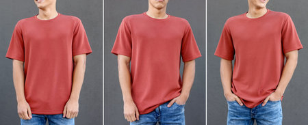 Young man in t-shirt against gray background, closeup. Collage
