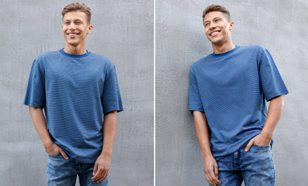 Young handsome man in t-shirt against gray background, collageの写真素材