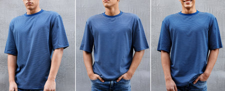 Young man in t-shirt against gray background, closeup. Collageの写真素材