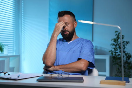 Tired doctor at table in clinic during night shiftの写真素材