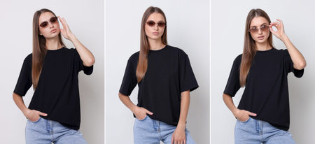 Young woman in black t-shirt on light background, collage of portraits