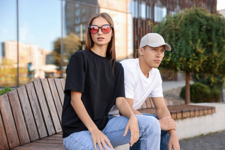 Young woman and man wearing blank t-shirts outdoors. Mockup for design