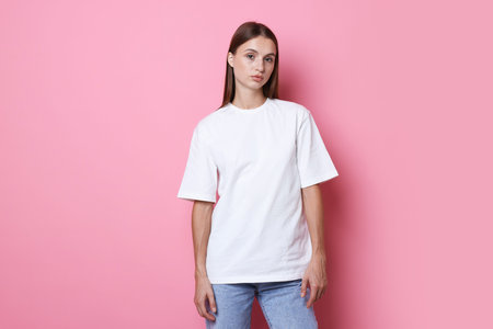 Woman wearing white t-shirt on pink background. Mockup for design