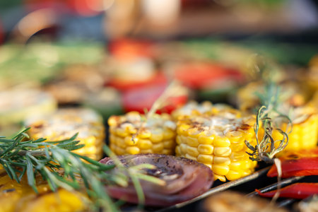 Vegetarian barbeque. Many different cooked vegetables on grill, closeupの写真素材