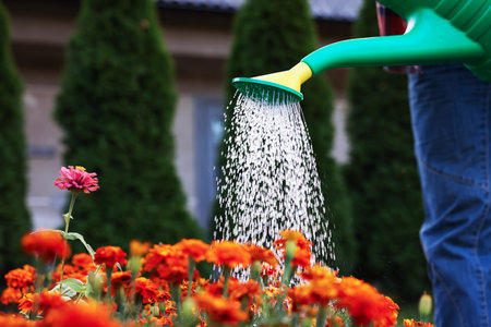 Senior woman watering beautiful flowers with can in garden, closeupの写真素材