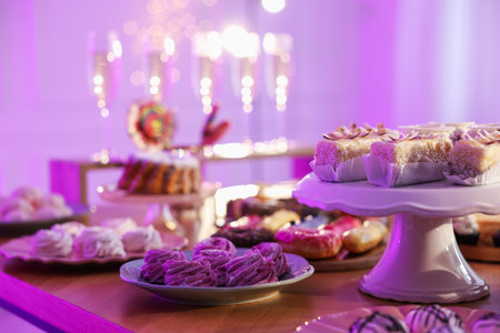Buffet menu. Different delicious desserts on table, selective focusの写真素材