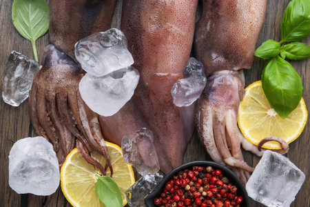 Raw squids, ice cubes, lemon slices, spices and basil on wooden table, closeupの写真素材