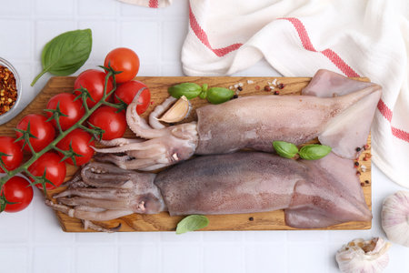 Fresh raw squids, tomatoes and spices on white tiled table, top view