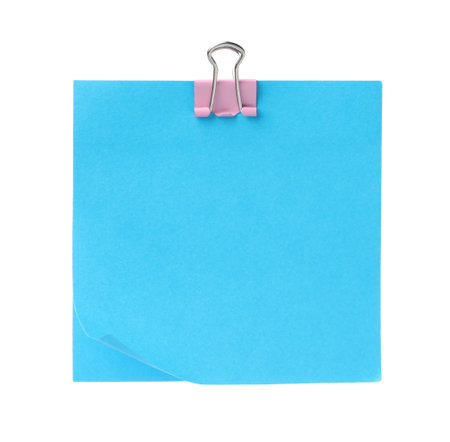 Blank paper note with blinder clip isolated on whiteの写真素材