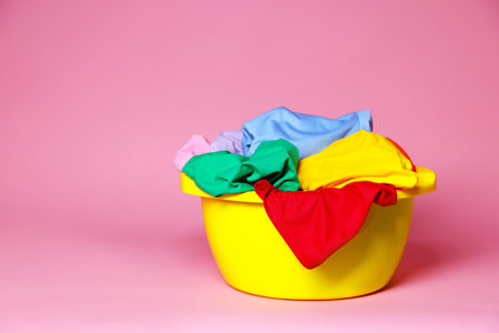 Plastic basin with laundry on pink background.の写真素材