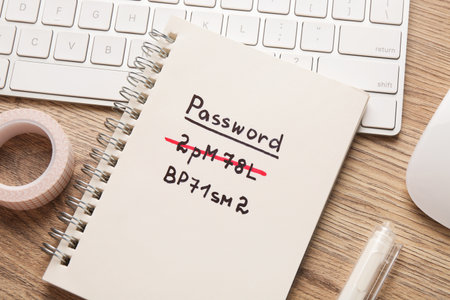 Changing password. Notebook with old and new passwords, keyboard and stationery on wooden table, flat layの写真素材
